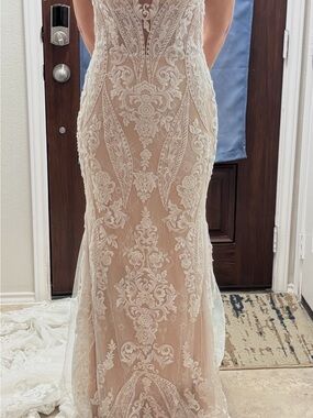 Nude Sheath Wedding Dress with Ivory Lace Overlay - Women